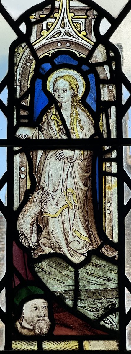 St Agnes. 15th century stained glass at Plumstead, Norfolk, St Michael #SeptemberSaints