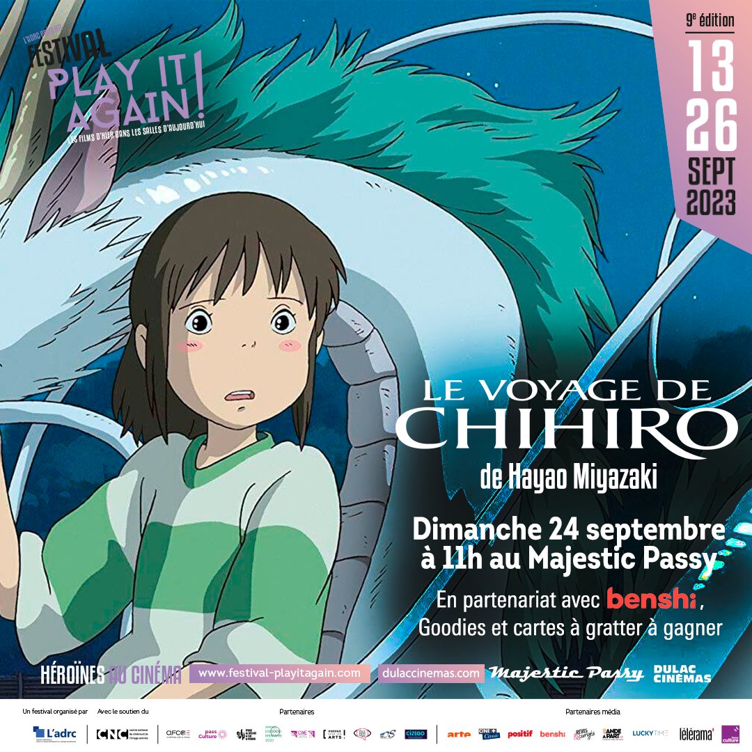 📍MAJESTIC PASSY
🎟bit.ly/PLAYITAGAIN9

📅Dimanche 17/09 à 11h
🎬Thelma et Louise de Ridley Scott

📅Dimanche 24/09 à 11h
🎬Le voyage de Chihiro de Hayao Miyazaki
👉En partenariat avec <a href="/BenshiCinema/">Benshi</a>, goodies à gagner