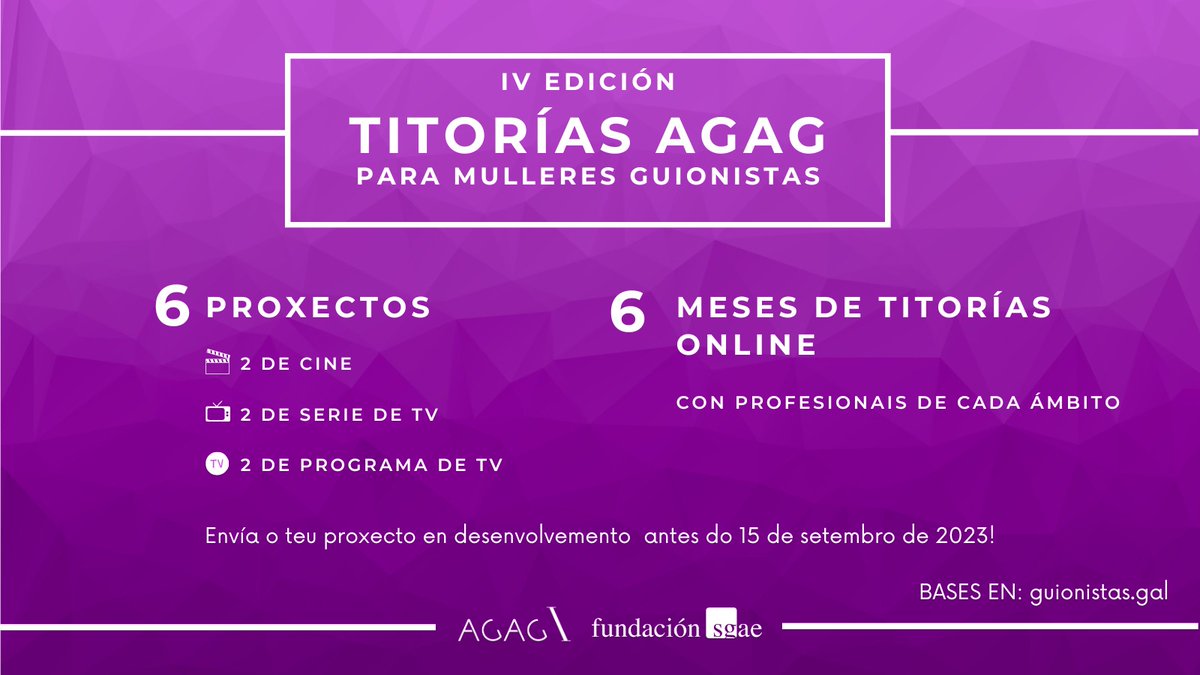 Volvemos un ano máis coas Titorías AGAG para mulleres guionistas 💪🏾

6️⃣creadoras
6️⃣proxectos
6️⃣ titores e titoras profesionais de cine e televisión

50% reservado a guionistas noveis

⏰ Inscripción ata o 15/09
📝Bases: acortar.link/BEDslv

Co apoio de <a href="/fundacionsgae/">PAlHl</a> 💥