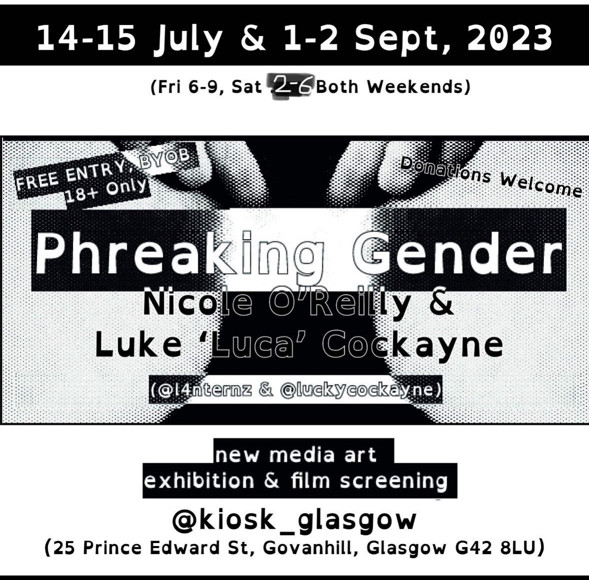 Second iteration of Phreaking Gender is opening tonight at @KIOSK_Glasgow from 6-9pm! BYOB, corkage £1. 18+. 

My spoken word set starts at 7. 

#GlasgowPoetry #ScottishPoetry #TransPoet