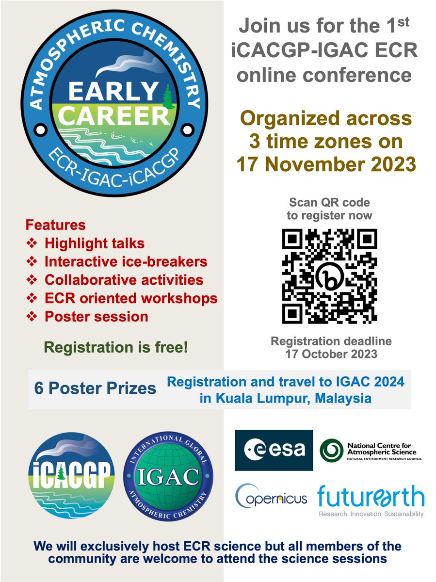 #atmoschem friends
iCACGP-IGAC ECR online conference - November 17
Registration open surveymonkey.com/r/MQMSBYG

And note the poster prizes ;)
@IGACProject @IGAC_ECR @FutureEarth @esa @AtmosScience @CopernicusEU
