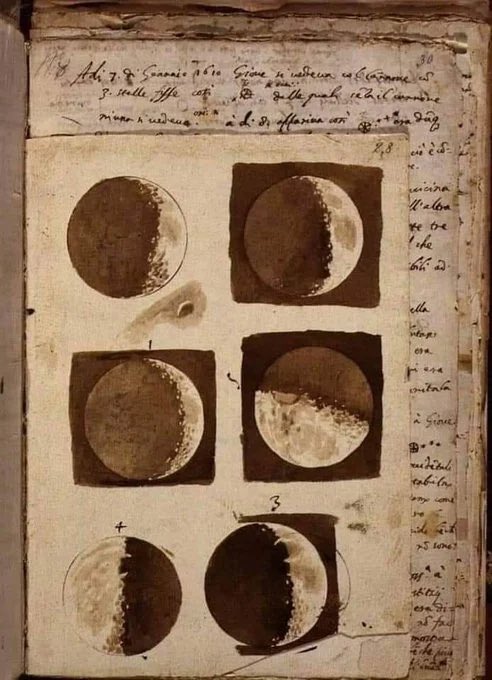 Galileo Galilei's initial sketches of the moon after seeing  it through a telescope in 1609.