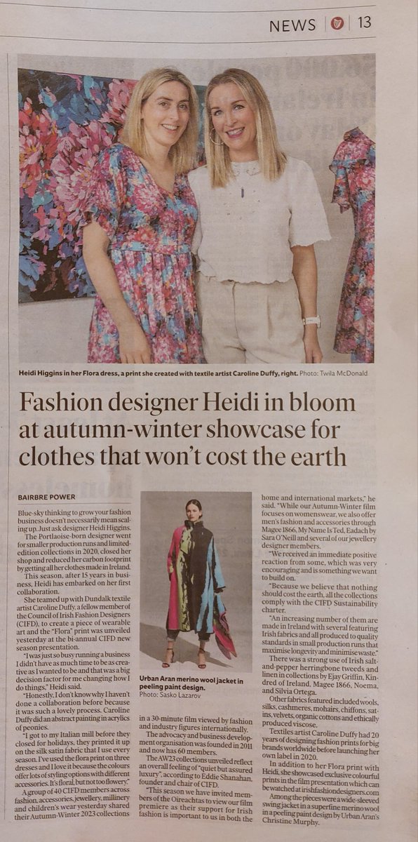 CIFDtweets's tweet photo. Our members @HigginsHeidi @Carolineduffy0 @UrbanAran featured by @bairbrepower in todays #irishindependent after our members Autumn23 video launch
You can watch the collections here on our YouTube channel https://t.co/azEJXJ1mgB #IrishDesigners #CIFD #Irishfashionart https://t.co/4hO3D5wDo9
