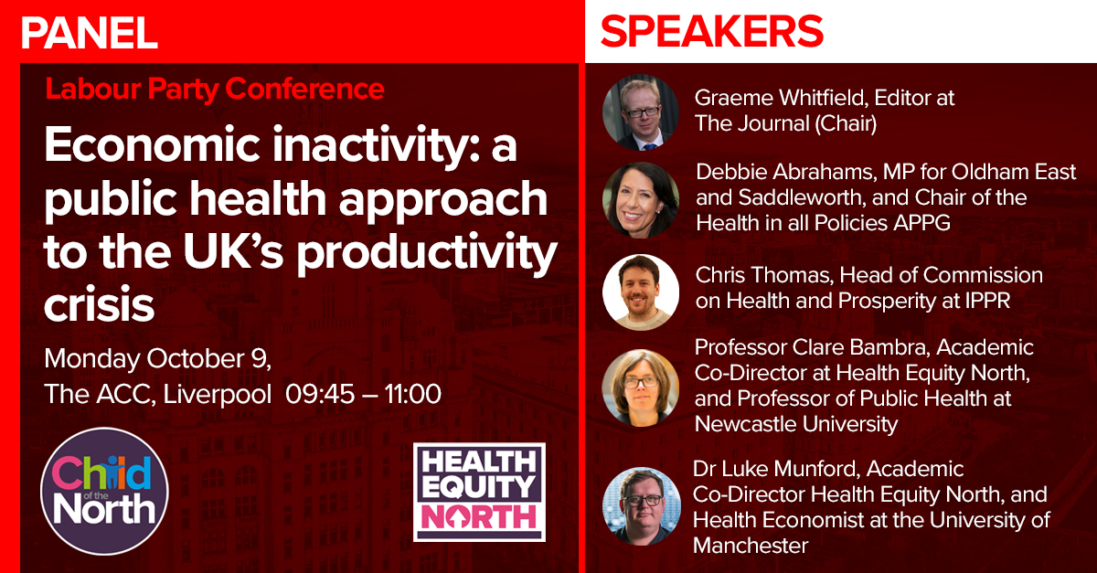 📣 REGISTRATION NOW OPEN 📣

As part of our #HealthforWealth theme we'll be hosting a panel event @UKLabour Conference on October  9 in Liverpool on  Economic inactivity: a public health approach to the UK’s productivity crisis

Find out more & book eventbrite.co.uk/e/economic-ina… 1/2