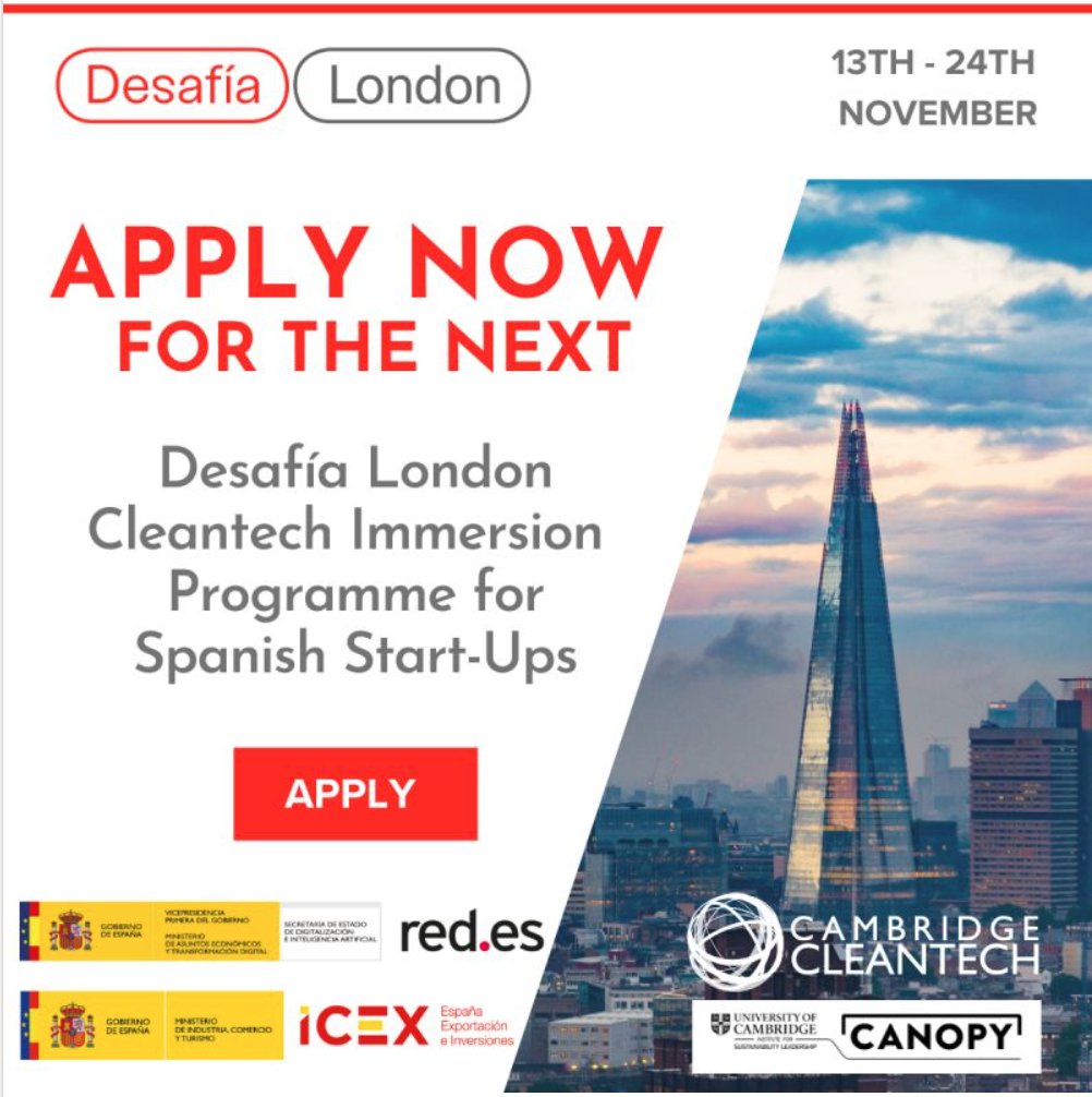 Join Spain's Cleantech Elite and apply now for the next Desafía London Cleantech Immersion Programme, for the chance to GET SEEN, GET CONNECTED and GET FUNDED! Learn more at: lnkd.in/e736Pfb3