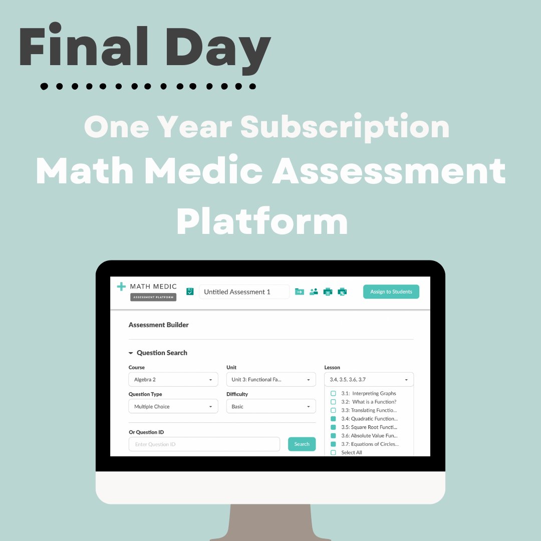 Our final giveaway of the week is a one-year subscription to the Math Medic Assessment Platform! What a way to end an epic week of fantastic prizes! Follow us, like this tweet, and retweet (repost) for your chance to win! #MathMedic #giveaway #teacherlife #backtoschool