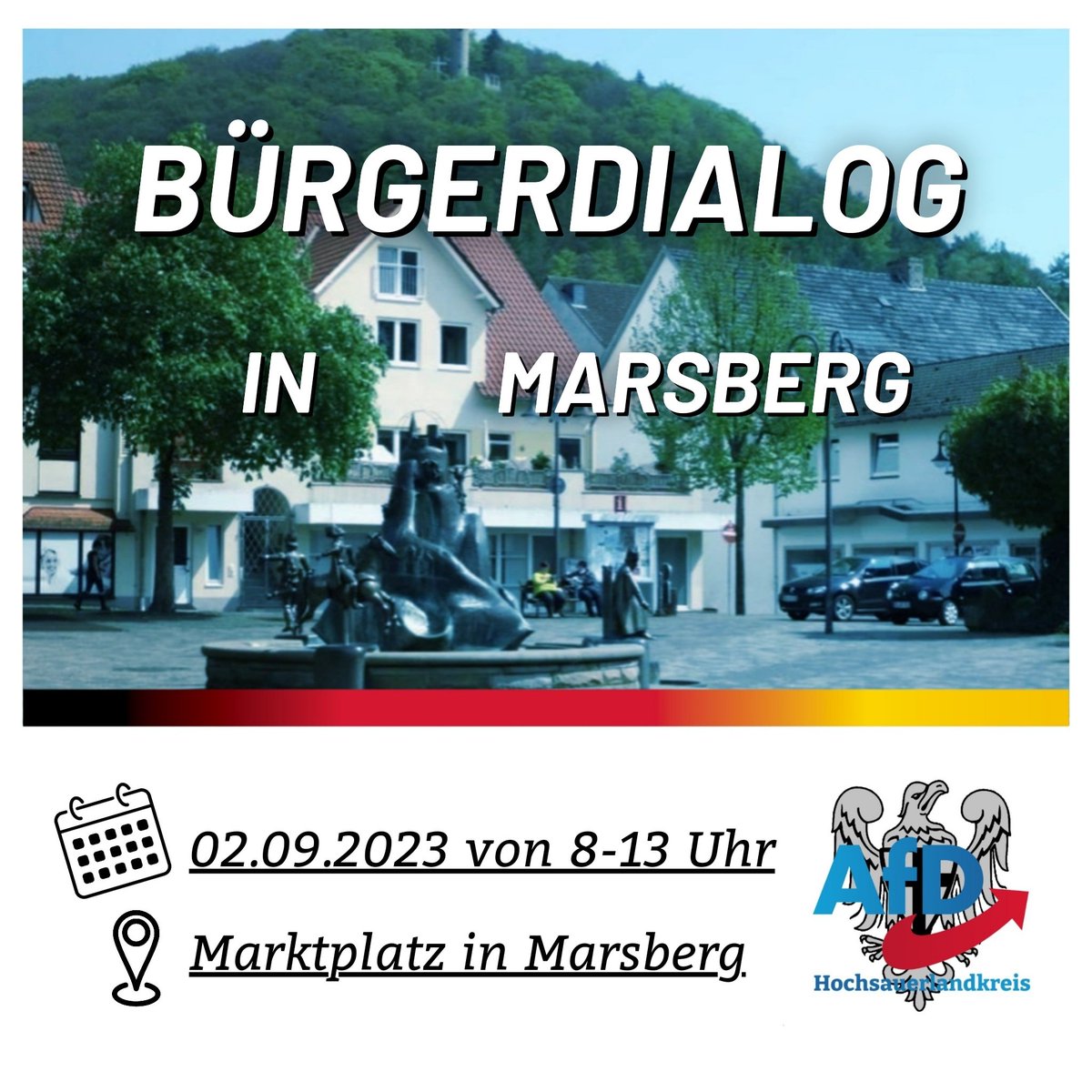 AfD_HSK's tweet photo. Auch außerhalb der Wahlkämpfe ist die AfD für die Bürger da. 
Sie haben Gesprächsbedarf und Fragen? Dann kommen Sie doch morgen einfach vorbei. 

#afd #hochsauerland #hsk #einzigealternative #remigration #unserlandzuerst #unservolkzuerst #neuwahlen #sauerland #marsberg https://t.co/k7bmbg09cE