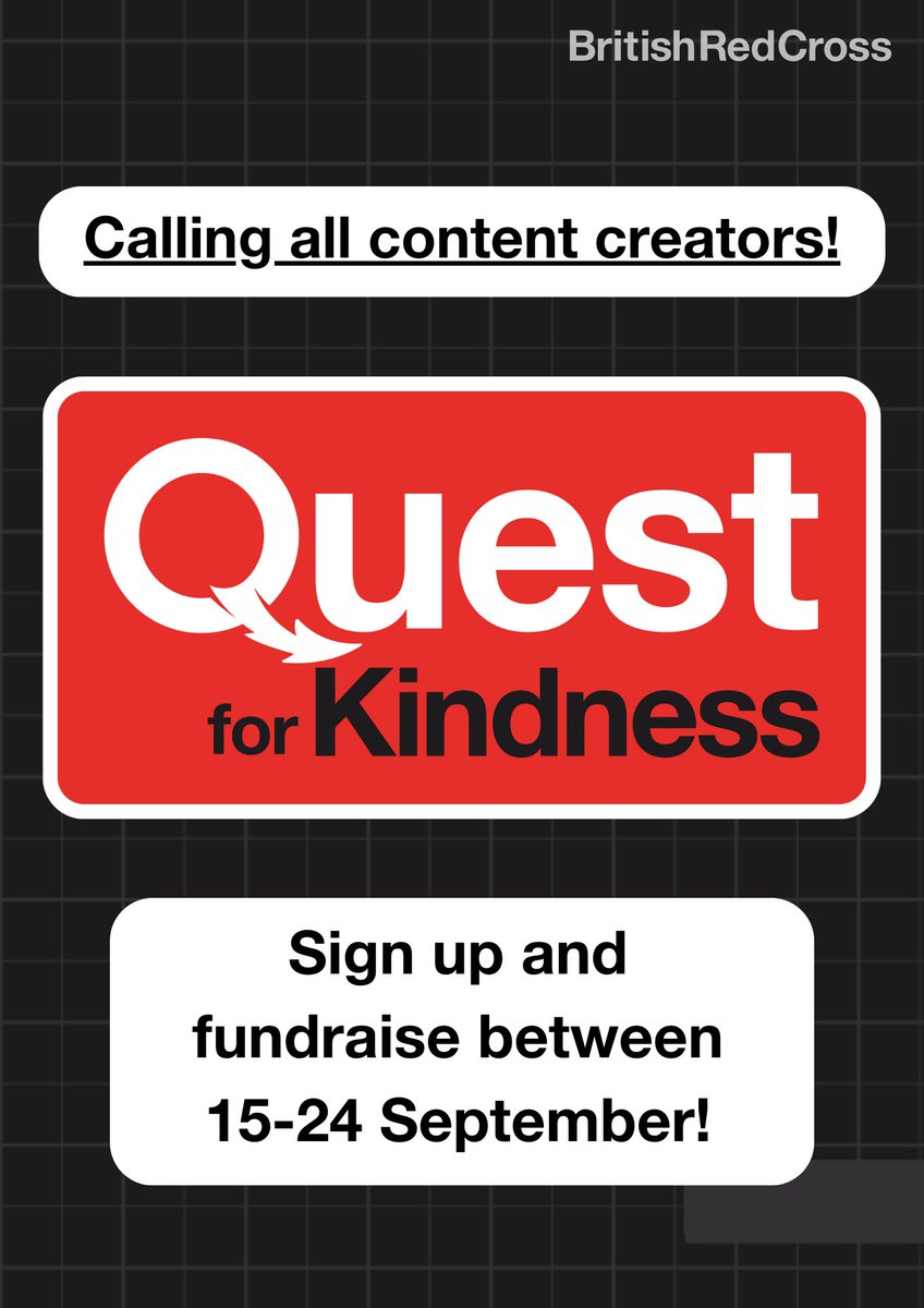 BritishRedCross's tweet photo. Attention content creators! 📷

Livestream, make videos, or film a TikTok this September for our new event... Quest for Kindness!

Quest for Kindness is raising money to support all our vital services in the UK and internationally, learn more here ➡https://t.co/7lCDaAhs1W https://t.co/ygawAZWzs9