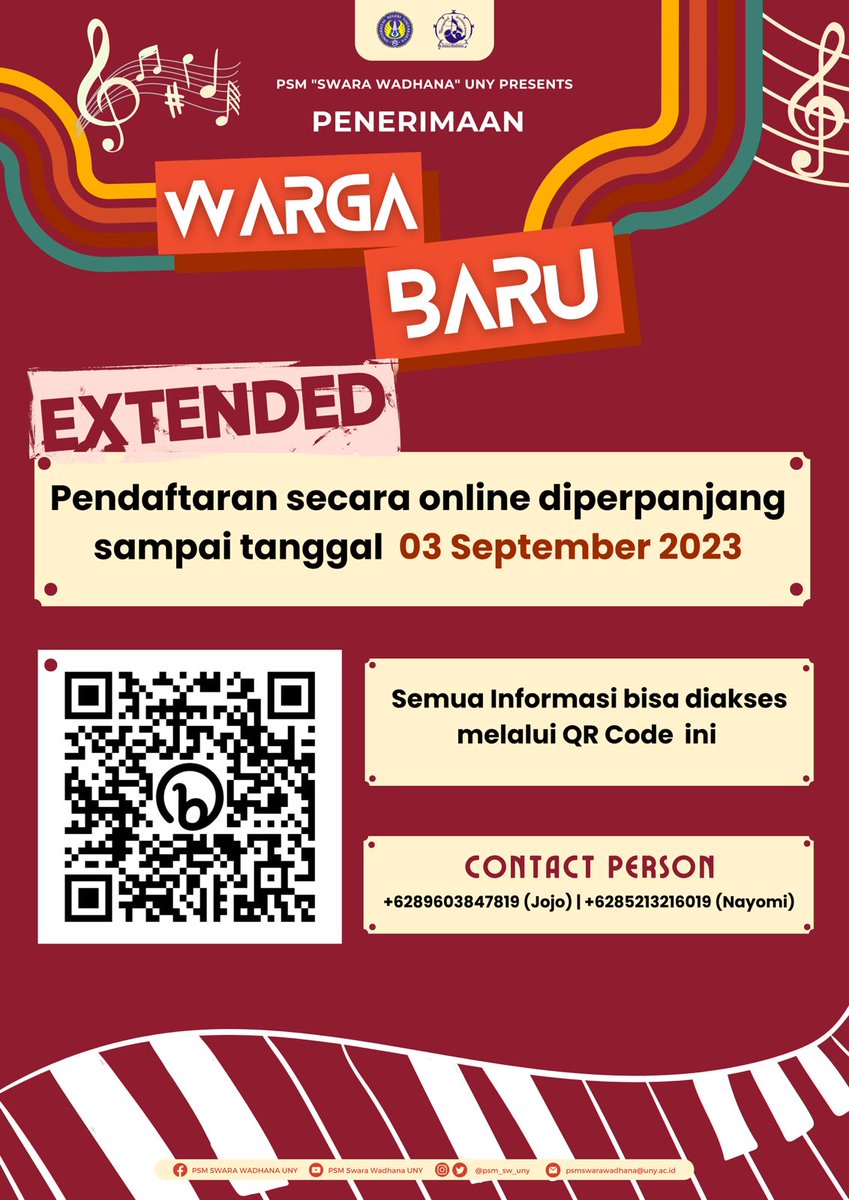 [PERPANJANGAN PENWARU 2023]

Harap dicermati dan dicatat tanggal-tanggal pentingnya!
• Pendaftaran: 9 Agustus - 3 September 2023
• Seleksi Wawancara dan Musikalitas: 9-10 September 2023

Link pendaftaran👇🏻 bit.ly/PENWARUPSMSWUN…

VIVA PSM,
SWARA WADHANA🎶