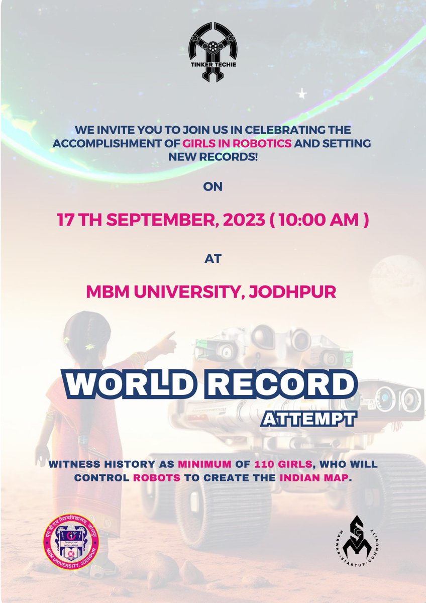 CollegeMbm's tweet photo. "🎉 Exciting News! 🚀 Ready for a 'World Record Attempt'? Join us on 17th September at MBM University, Jodhpur. 🗺️🤖 https://t.co/iwpu6QRdtd