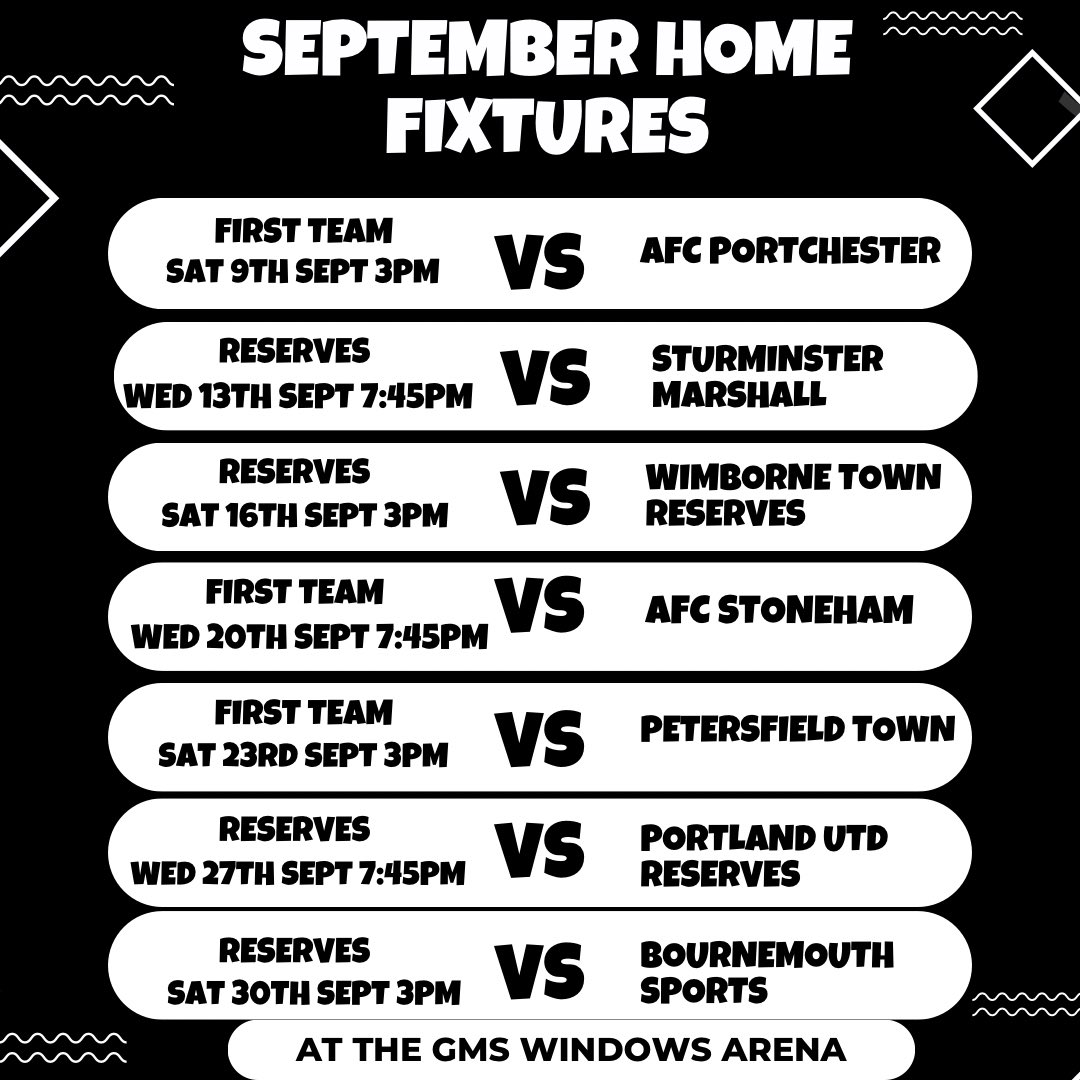 SherborneTownFC's tweet photo. Catch the #Zebras at The GMS Windows Arena this month. All first and reserve home fixtures in one place so get along and cheer the boys on #COYZ  @WessexLeague @DPL_official @swsportsnews @Abbey_104 @sherbornetimes @NonLeagueCrowd @sportwestdorset @DorsetCFA @afc_stoneham https://t.co/UVrooyhiVm