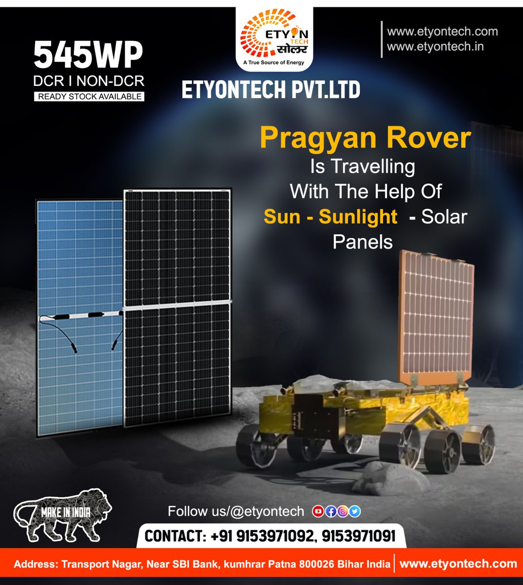 etyontech's tweet photo. Pragyan rover is travelling with the help of sun sunlight solar panels
545 wp dcr. Non dcr 
Ready stock available
#chandryaan3landing #pragyaanrover 
#solarpower 
.
.
अधिक जानकारी के लिए संपर्क करें।
📞 Contact: 091539 71092, 9153971091 https://t.co/nOEbEjwc2O