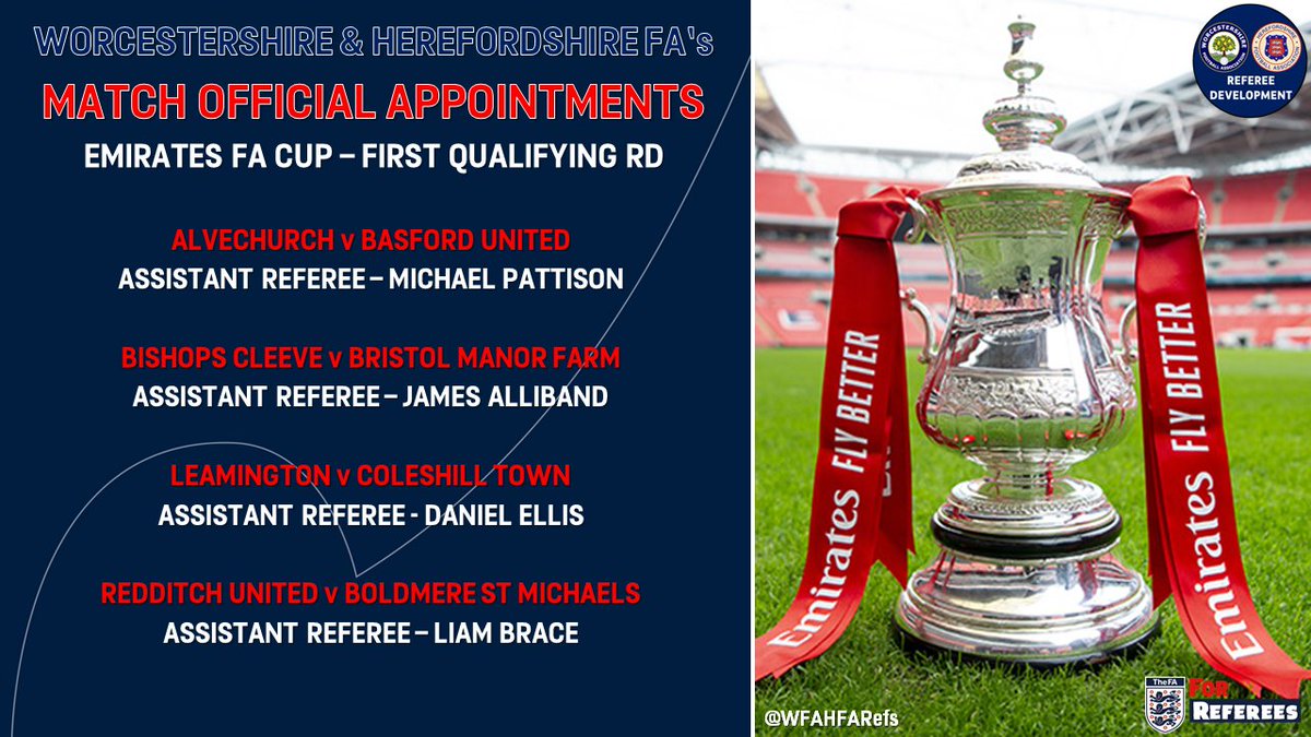 WFAHFARefs's tweet photo. 🏆 𝗙𝗔 𝗖𝗨𝗣 𝗔𝗣𝗣𝗢𝗜𝗡𝗧𝗠𝗘𝗡𝗧𝗦 🏆

The @EmiratesFACup returns this weekend and we have officials from both @WorcsFA and @HerefordshireFA officiating. Good luck to all. 💪 https://t.co/aaQjLoiKUE