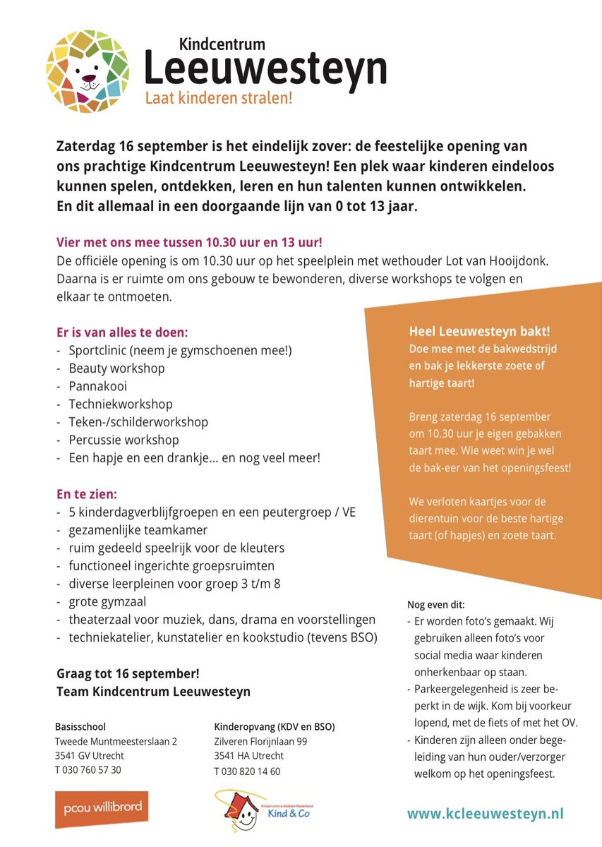 Van harte uitgenodigd voor de officiële opening van ons nieuwe gebouw op zaterdag 16 september om 10.30uur. 
Wij kijken uit naar een feestelijke dag en graag tot dan!

@pcouwillibrord @kmnkindenco 

#welkom #opening #nieuwbouw #kindcentrum #basisschool #kinderopvang #leeuwesteyn