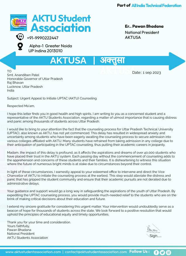 PawanBhadanaG's tweet photo. Ma'am @anandibenpatel 
Students are in a state of panic as AKTU Counselling has not yet commenced. We've submitted a letter pleas help them and Save their life  #AKTUCounsellingDelay
#UPTAC 
@AKTU_Lucknow 
@aktuFORstudents 
@UnityAktu 
@Aktuchhatrsangh 
@AktuStudents https://t.co/xtyrXuagSR