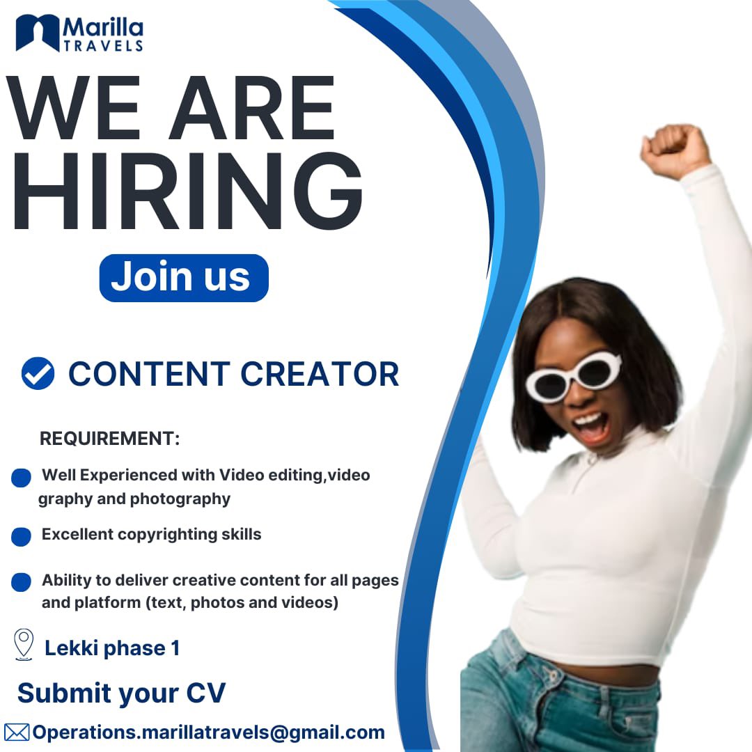 📢 Calling all Content Creators! 🌍✈️ Exciting #JobOpportunity Alert! 🚀 Join a travel company in Lekki Phase 1. Check out the banner for application details. 📌 #HiringNow #ContentCreators