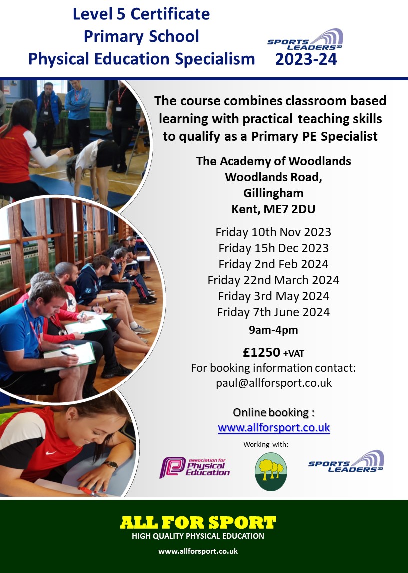AllForSportLtd's tweet photo. Welcome back ! 
If you missed this last term.
The @afPE_PE Level 5 Certificate in Primary PE Specialism.  A VERY effective use of the Sport Premium.  Booking now in Gillingham @Woodlands_aca and Newham @LearnTapscott London. Courses commence autumn 2023. https://t.co/ZVlarw7nYa https://t.co/oeZf1g8JJP