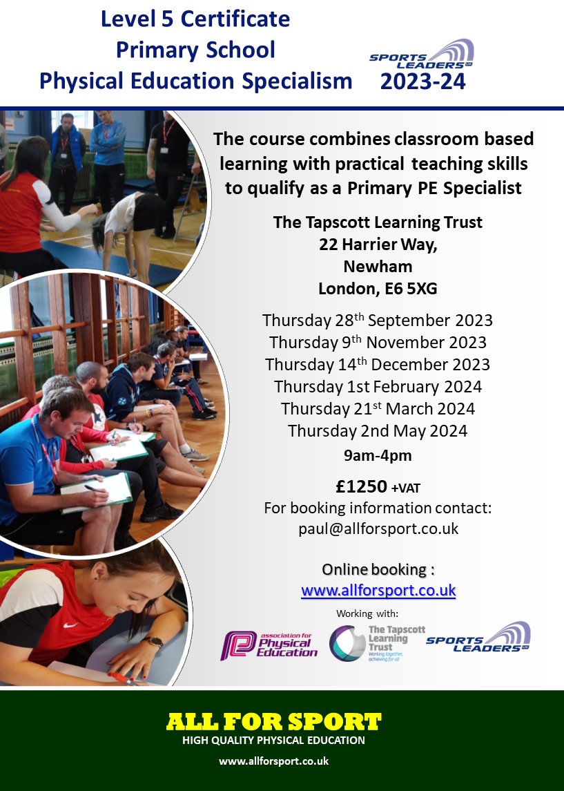 AllForSportLtd's tweet photo. Welcome back ! 
If you missed this last term.
The @afPE_PE Level 5 Certificate in Primary PE Specialism.  A VERY effective use of the Sport Premium.  Booking now in Gillingham @Woodlands_aca and Newham @LearnTapscott London. Courses commence autumn 2023. https://t.co/ZVlarw7nYa https://t.co/oeZf1g8JJP