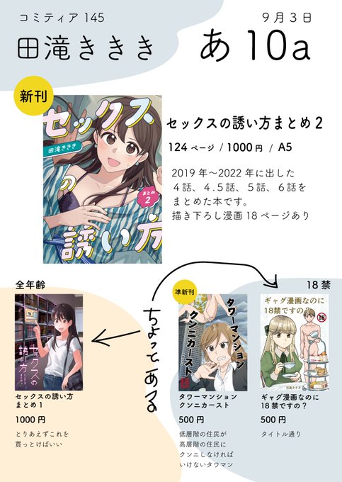 コミティア145のお品書きです
スペース「あ10a」サークル「田滝ききき」です
前回のコミティアで売り切れたタワーマンションクンニカーストのちゃんと印刷しなおしたやつを持っていきます
#コミティア145お品書き 
