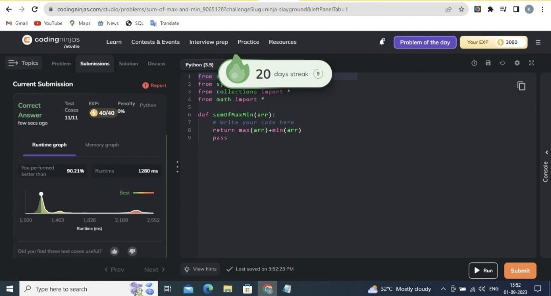 Venukalyanam's tweet image. 21DaysofStreak: I just completed #Day20 of #21DaysofCode by @CodingNinjasOff and @drinkslaycoffee
Problem Name : Sum of Max and Min
Language : Python
#NinjaSlayground #CodingNinjasStudio#CodingNinjasStudio