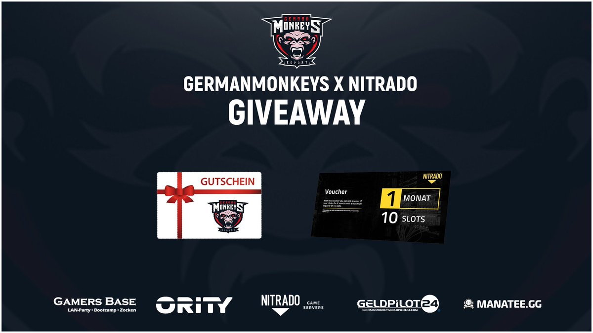 ger_monkeys's tweet photo. [#GIVEAWAY][#MONKEYPOWER][#NITRADO][#GUTSCHEIN][#SERVER][#GHEED]

🎁Nur noch 7h!🎁

Vergesst nicht an unserem Gewinnspiel mit @Nitrado teilzunehmen! Es lohnt sich 🔥.

Ihr habt noch bis heute Abend 20 Uhr Zeit! ⏳
🔗 https://t.co/o7KIhioYQ9 https://t.co/VeDK2pd5l9