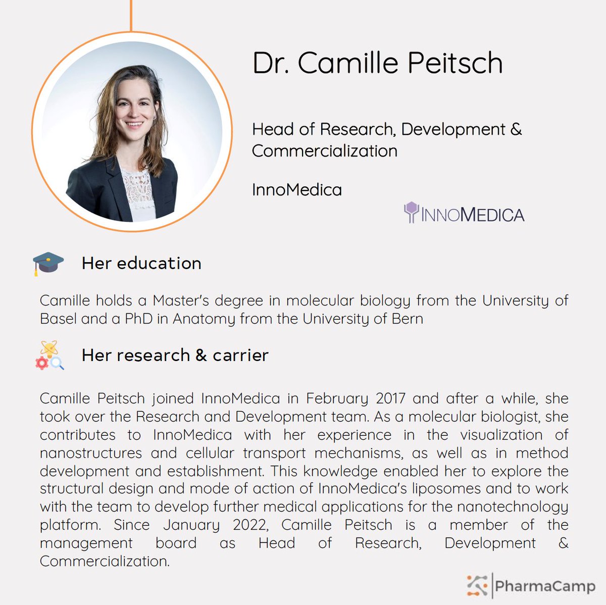 Pharmacamp 2023 will take place in Bern in September. Meet our speakers ! Last on is Dr. Camille Peitsch, Head of Research, Development and Commercialization at InnoMedica ! We are looking forward to listen to her talk ! #pharmacamp #unibe #precisionmedicine #digitalisation