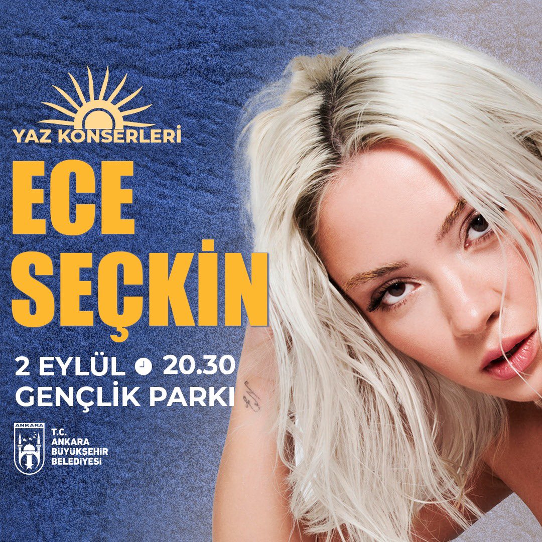 🎼 Ankara’da “Yaz Konserleri” coşkusu tüm hızıyla devam ediyor. 🎙️ Değerli sanatçı Ece Seçkin Gençlik Parkı'nda sevenleriyle buluşacak. 🗓️ 2 Eylül 📍 Gençlik Parkı ⏰ 20.30