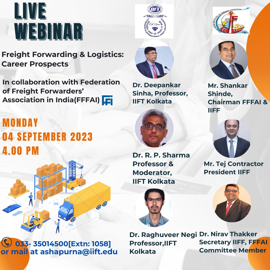 In collaboration with @FFFAI_INDIA , IIFF is conducting a live webinar on “Freight Forwarding & Logistics: Career Prospects” on 4th September, 2023 (Monday) at 4pm. 

Registration link for the webinar: us06web.zoom.us/webinar/regist…

#fffai #iifff #careerprospects #logisticscareer