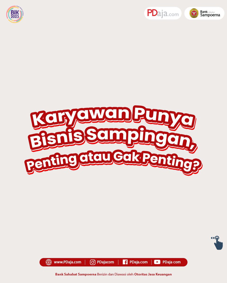 PDajacom's tweet photo. Menurut kalian di tahun 2023 ini perlu gak sih Karyawan punya bisnis sampingan? 

Share dong pendapat kalian PD People !

#PDajaDulu #PDajadotcom #BankSahabatSampoerna #PinjamanDana #PinjamanCepat #PinjamanMudah #PinjamanRekeningKoran #KreditMultiguna #PinjamanAman https://t.co/GxKukAmxHQ