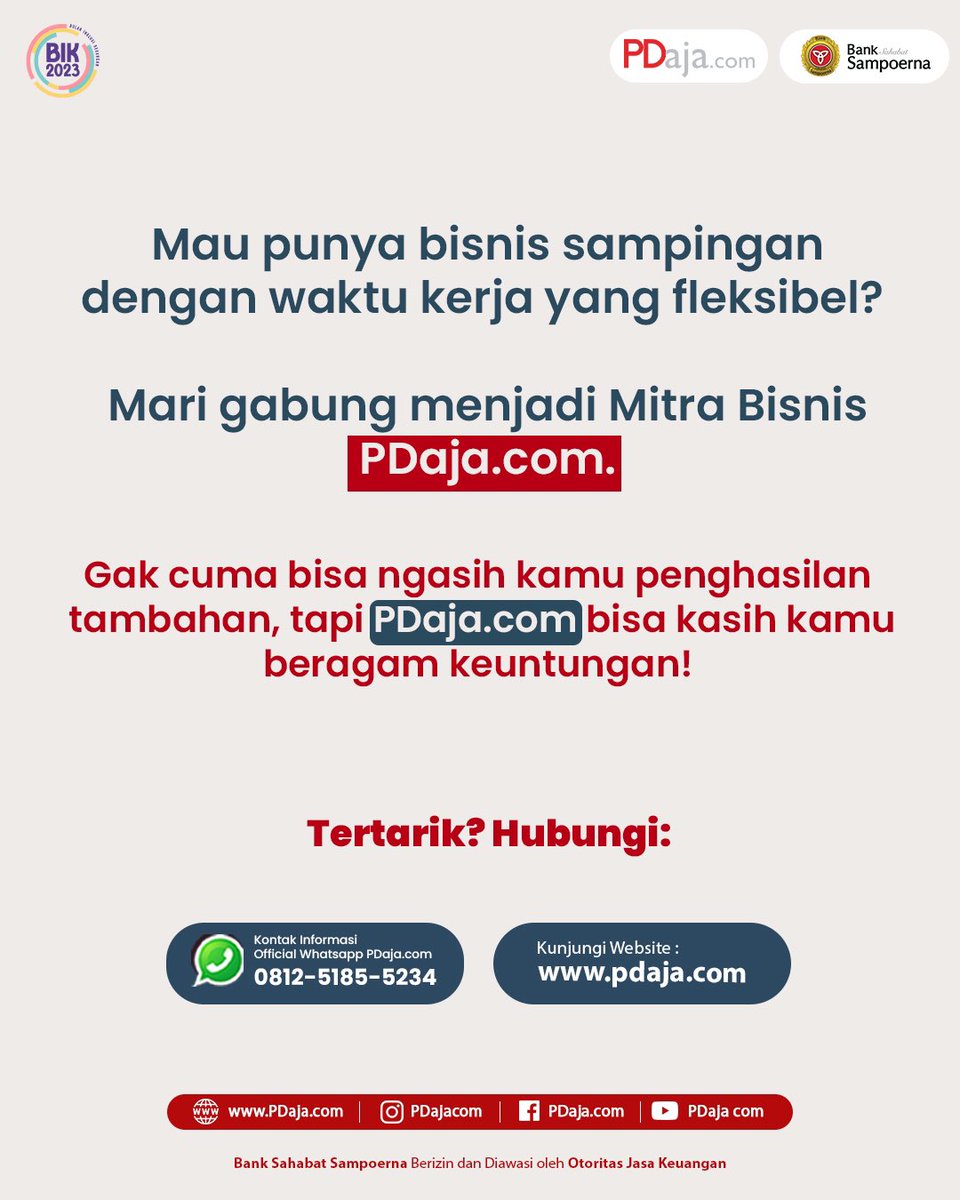 PDajacom's tweet photo. Menurut kalian di tahun 2023 ini perlu gak sih Karyawan punya bisnis sampingan? 

Share dong pendapat kalian PD People !

#PDajaDulu #PDajadotcom #BankSahabatSampoerna #PinjamanDana #PinjamanCepat #PinjamanMudah #PinjamanRekeningKoran #KreditMultiguna #PinjamanAman https://t.co/GxKukAmxHQ