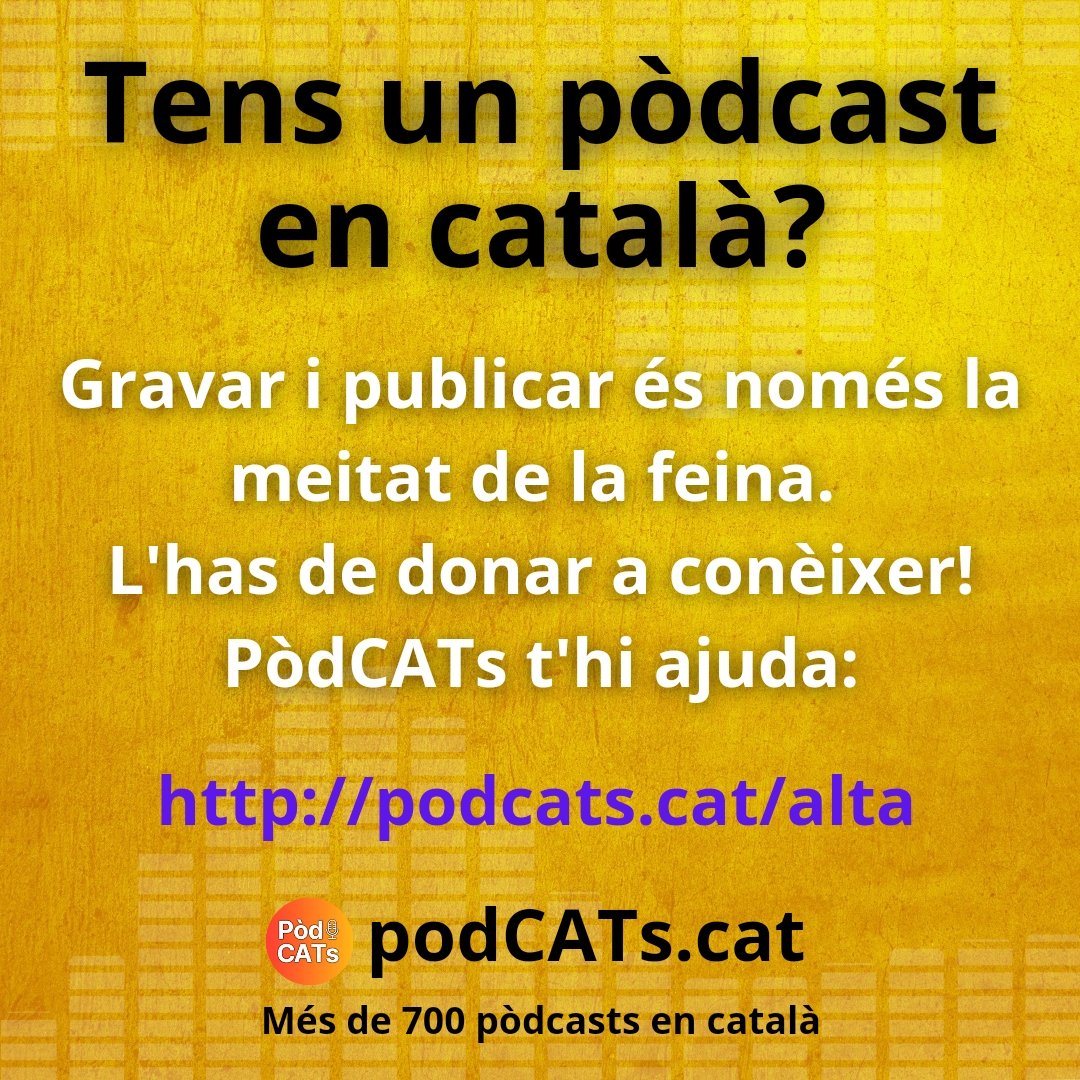 ⚠️Gravar i publicar un pòdcast no serveix de res si no el mous i en dones a conèixer. Si el teu encara no és a podcats.cat, dona'l d'alta tu mateix/a per arribar a molta més gent!
➡️ podcats.cat/alta
📢 Comparteix-ho i fes córrer la llengua!
#podcastencatalà