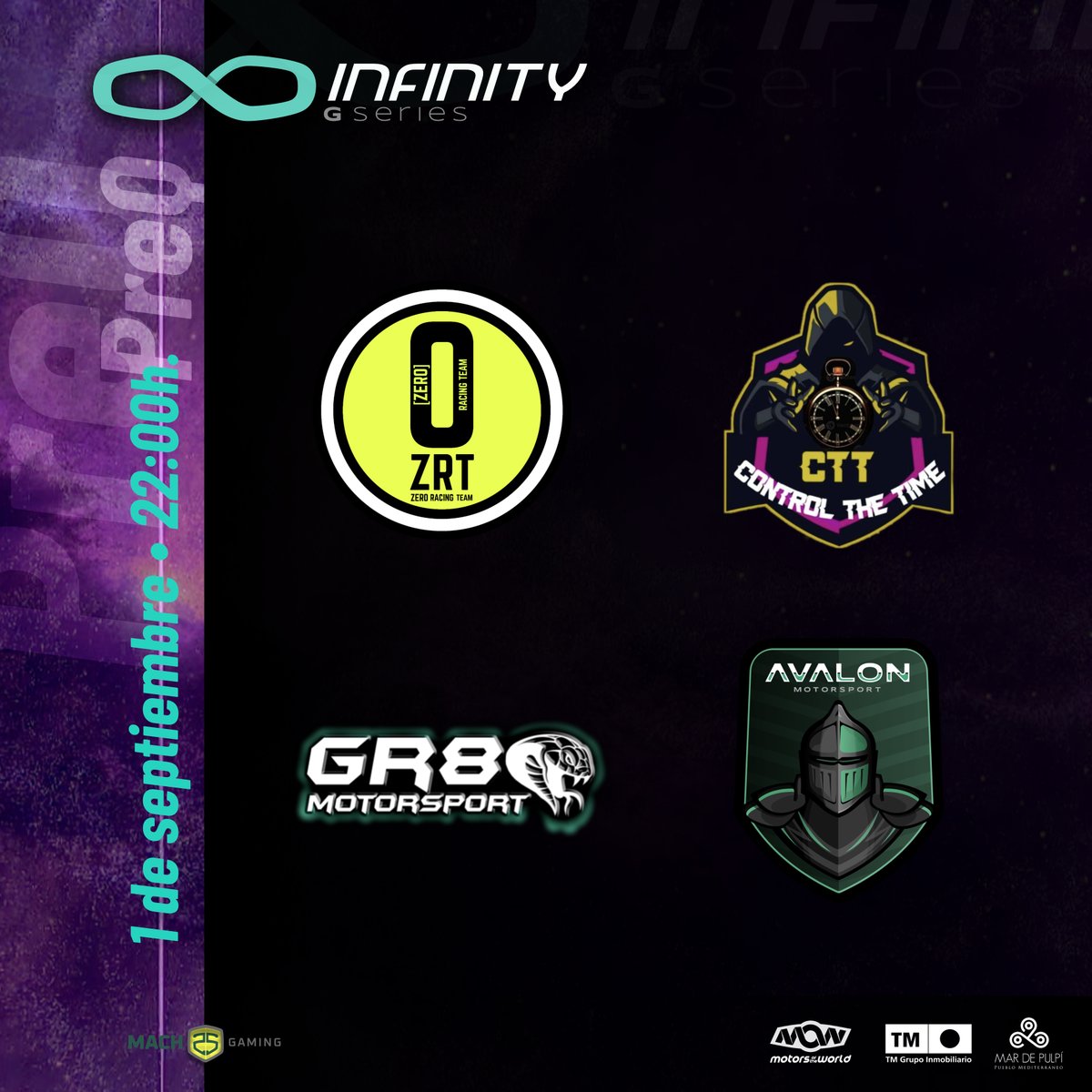 🏁 | #InfinityGseries

𝗙𝗔𝗦𝗘 𝗖𝗟𝗔𝗦𝗜𝗙𝗜𝗖𝗔𝗧𝗢𝗥𝗜𝗔 𝟱
📆 01/09/2023
📺 Twitch Alejandro Garnata

⏰ 21:00
🎙️ <a href="/AGarnata/">Alejandro Garnata</a>
🎙️ <a href="/QUIGONKILL_66/">QUIGONKILL_66</a>

⏰ 21:30
🚀 <a href="/RacingFusion/">Fusion Racing Girls</a>
🚀 <a href="/BigOneClub/">Big One Club Esports</a>

⏰ 22:00
🚀 <a href="/zeroracingteam/">zeroracingteam ZRT</a>
🚀 #ControlTheTime
🚀 <a href="/AVALON_MSPORT/">Avalon Motorsport</a>
🚀 <a href="/Gr8Motorsport/">Gr8 MotorSport</a>