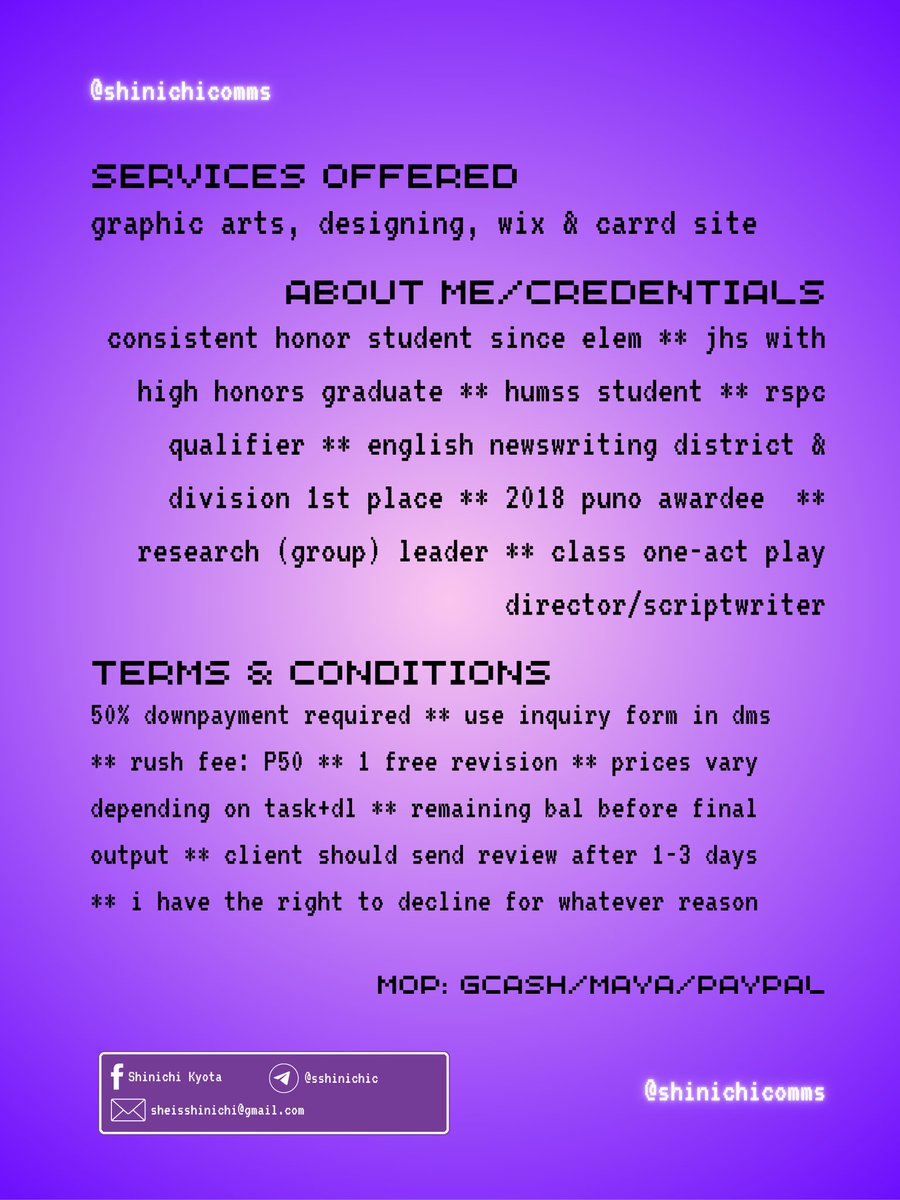 welcome to nichi's headspace ~ 🗯️
👾 an academic and graphic design commissioner ready to help you! all infos will be found in my comms sheet below  ~

this thread also contains my:
websites * schedule * client reviews * tracker 

— i hope we can transact soon!