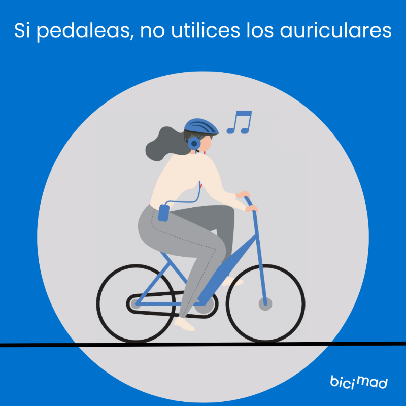 bicimad's tweet photo. 😊 Tu viaje seguro con bicimad 🚲

❌🎧 No utilices los auriculares si vas en bici.

🚫 Recuerda que es una conducta sancionable.

Por tu seguridad, presta atención a la circulación y al resto de vehículos 🚗