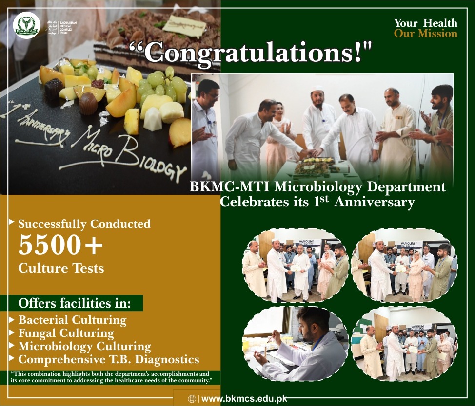 "Congratulations!"
BKMC-MTI Microbiology Department celebrates its 1st anniversary.
Successfully conducted over 5500 culture tests.
Microbiology Deptt: offers facilities in
Bacterial Culturing
Fungal Culturing
Microbiology Culturing
T.B Diagnostics
Your Healt
Our Mission
#Health