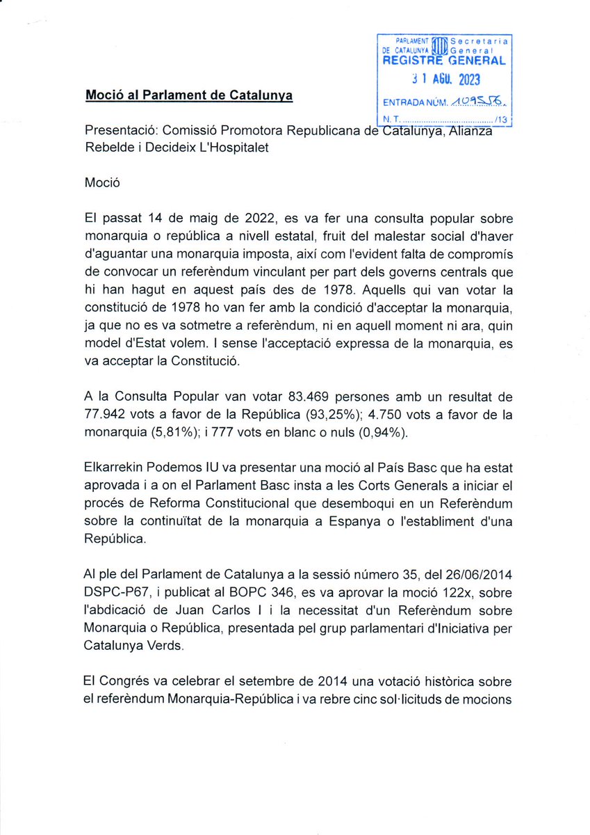Encarnauriel's tweet photo. Moción para pedir un Referéndum sobre Monarquía o República, presentada en el @parlamentcat , el 31/08/2023, en #Barcelona . #Referendum https://t.co/urHE0M4AxE
