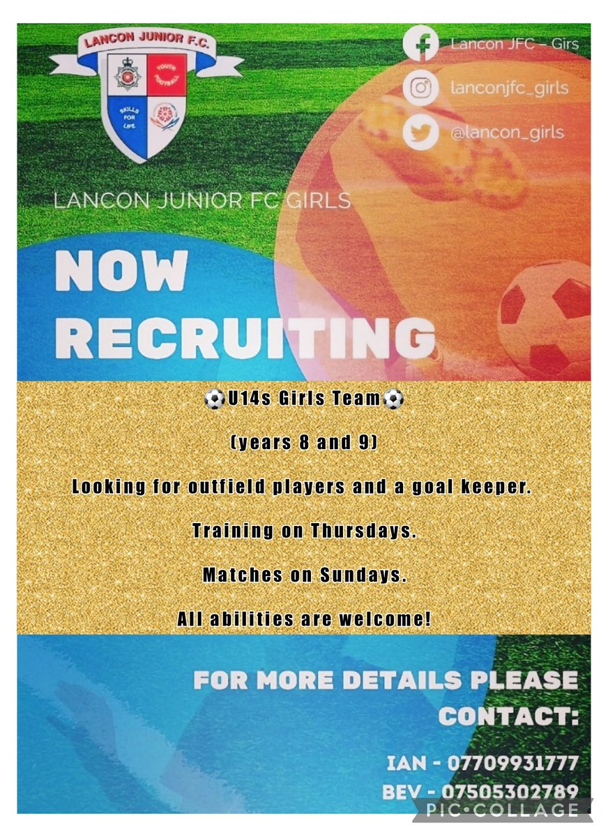⚽️Players wanted⚽️
 
For our u14s girls team.
(years 8 & 9).

All positions (including Gk) and abilities welcome!

Friendly and enthusiastic group of players.
Qualified and experienced coaches.

@JfcLancon 
@LFAWG
@PdplGirls
@charleyy_96 
#lanconforlife