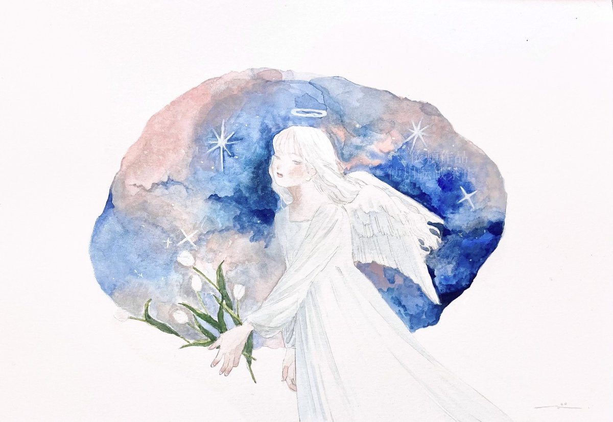 1girl halo wings flower solo long hair white hair  illustration images
