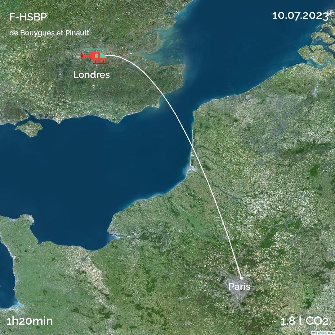 Pendant les trois prochains mois, <a href="/Mediapart/">Mediapart</a> et <a href="/memoirevive_/">Mémoire Vive</a> publieront au gré des vols de  l’hélicoptère de Pinault et Bouygues les km parcourus et les émissions de CO2 afférentes.

Le dernier trajet effectué également visualisable sur cette page 👇

mediapart.fr/journal/ecolog…