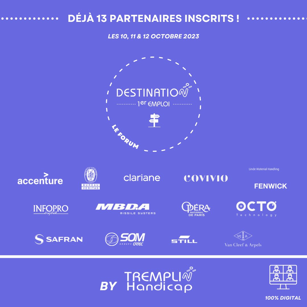 TREMPLIN_HANDI's tweet photo. 📣Vous êtes un #jeune en situation de #handicap
 📝 à la recherche d’un 1er #CDI / #CDD
 🤝Déjà 13 entreprises vous donnent RDV les 10, 11, 12 octobre
➡ Inscrivez-vous avant le 15/09 à notre #forum Destination 1er #emploi 100% digital
 👉 https://t.co/PfBqKuekp9 
 #Recrutement https://t.co/7XZRajaOqM