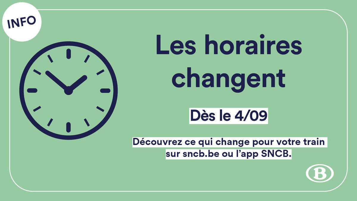 SNCB's tweet photo. ⌚ Dès le lundi 4 septembre, nous adaptons légèrement nos horaires.
💡L’objectif de ces adaptations est d’optimiser la circulation des trains.
📲 Planifiez votre voyage pour découvrir ces changements.
ℹ️ https://t.co/zCvEWXjTso https://t.co/hIRXIZH36O