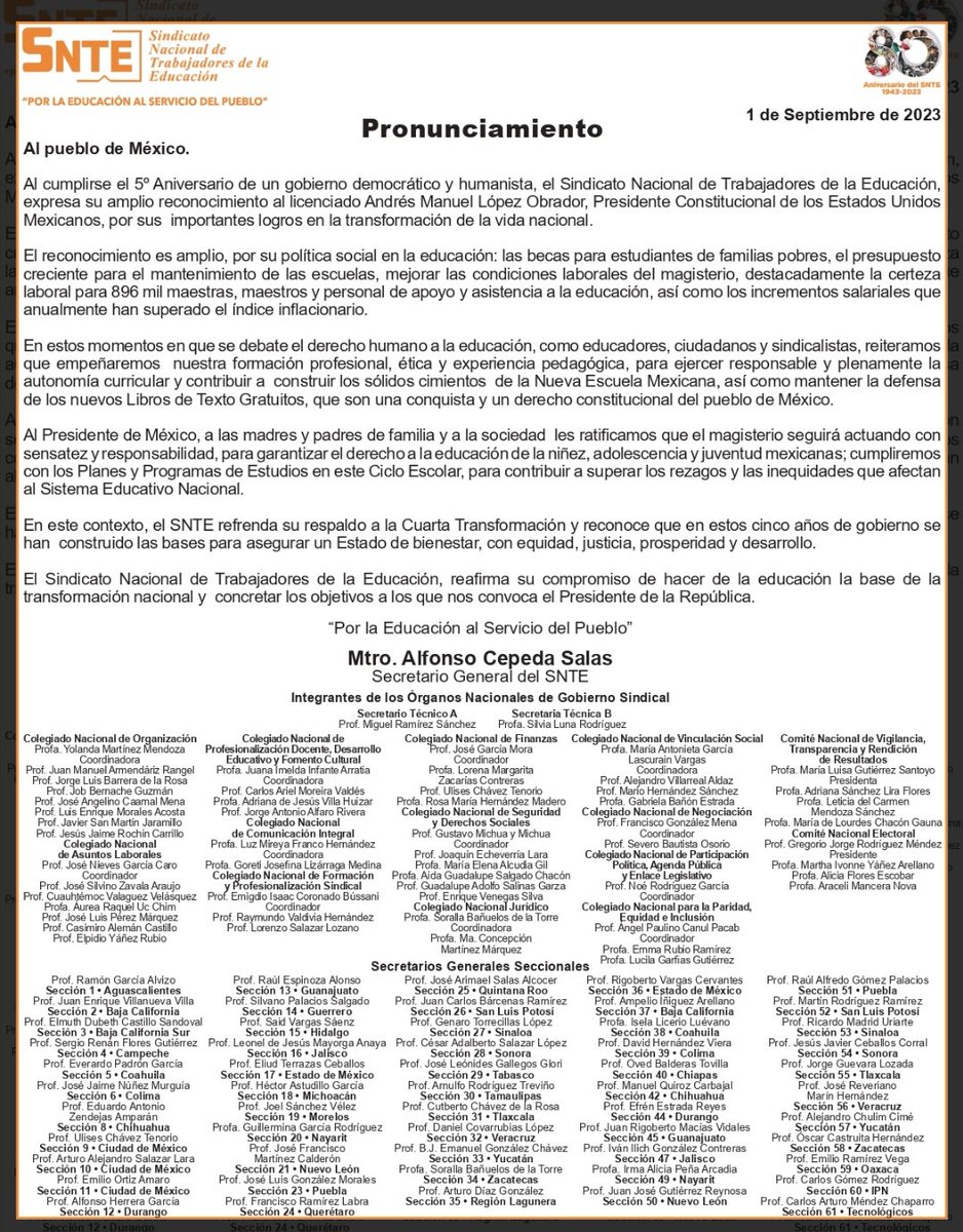TigrilloCura's tweet photo. El Srio. Gral. del #SNTE Mtro. Alfonso Cepeda Salas reconoce al Presidente @lopezobrador_ por el #QuintoInforme de su Gobierno Democrático y Humanista. Cuenta con el SNTE en la construcción de los sólidos cimientos de la #NuevaEscuelaMexicana
#SNTEconAMLO

https://t.co/TdkrKdQVJQ https://t.co/E6IDjoTEkz