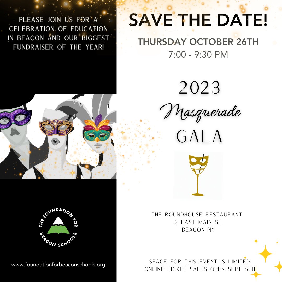 Excited to announce the date and theme of our 2023 gala... Mark Thursday October 26th 7pm as busy in your calendar. Join us for a fabulous evening and celebration of education in Beacon at our masquerade-themed gala! Tix go on sale next week #forbeaconschools