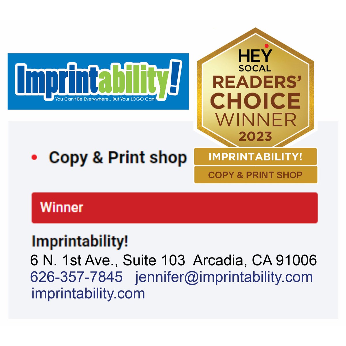 Imprintability's tweet photo. So excited that for the 2nd year in a row @imprintability has been voted Best Print Shop in the SGV in the @HeySoCalnews Readers Choice Awards! Thanks so much for voting for Imprintability! What an honor!!! ๐โจ๐คฉ๐ซ
#imprintability #readerschoiceawards2023
#arcadia #monrovia https://t.co/3KQHCsJ1nv