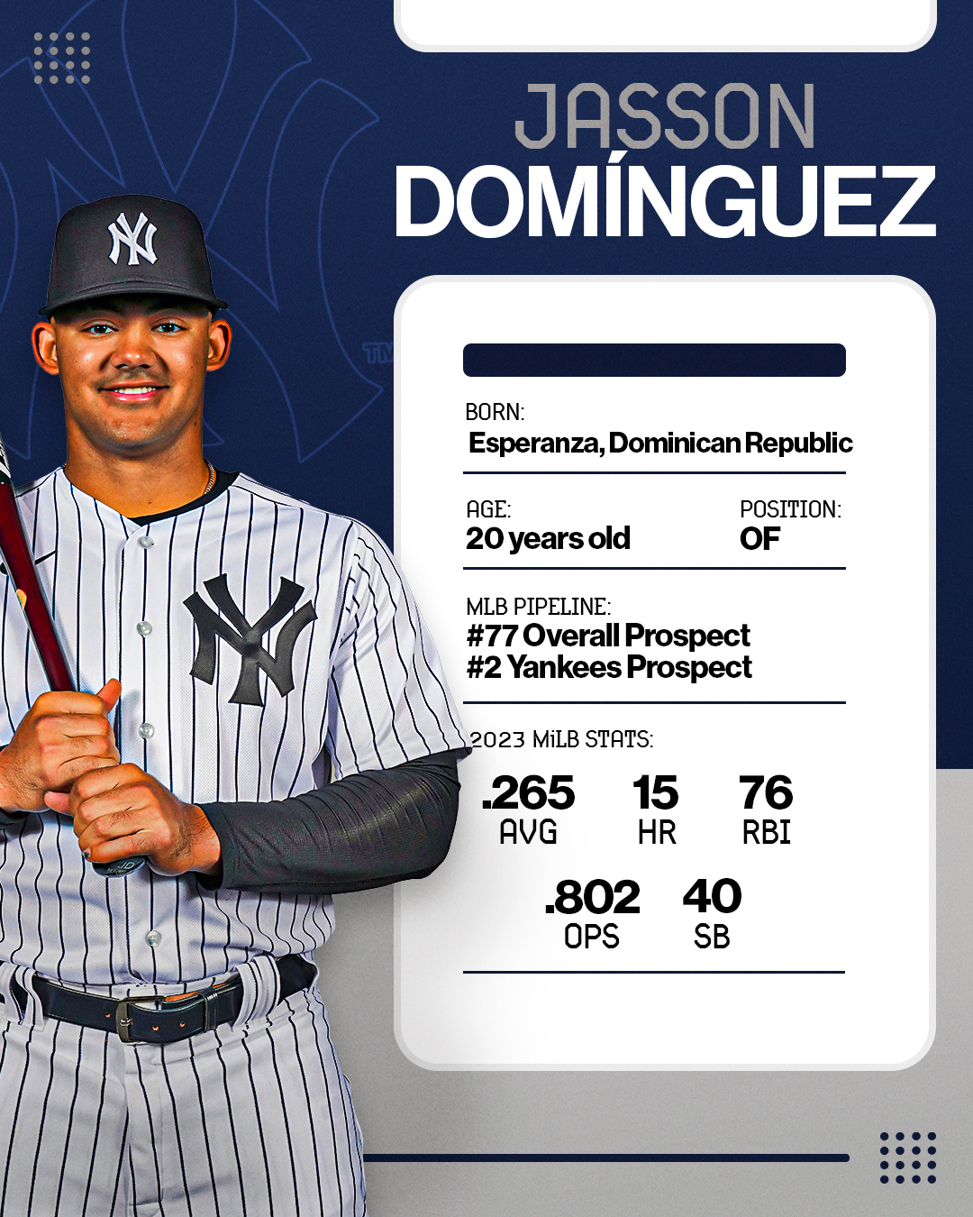 MLB on X: The Martian invades The Show! 👽 @Yankees No. 2 prospect and  @MLBPipeline's No. 77 overall prospect, Jasson Domínguez, gets the call.   / X