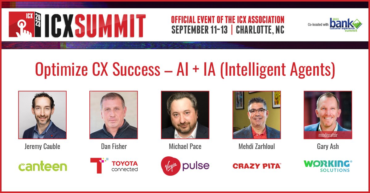 Interactive Customer Experience Summit (@icxsummit) on Twitter photo At Interactive Customer Experience Summit 2023, these experts will discuss how to make the Artificial Intelligence + Intelligent Agents combination a winning one for your business. <a href="/ToyotaConnected/">Toyota Connected North America</a> <a href="/virginpulse/">Virgin Pulse</a> <a href="/CrazyPita/">Crazy Pita</a> <a href="/WorkingSol/">Working Solutions</a> #AI #IntelligentAgents #CX #ICXsummit At Interactive Customer Experience Summit 2023, these experts will discuss how to make the Artificial Intelligence + Intelligent Agents combination a winning one for your business. <a href="/ToyotaConnected/">Toyota Connected North America</a> <a href="/virginpulse/">Virgin Pulse</a> <a href="/CrazyPita/">Crazy Pita</a> <a href="/WorkingSol/">Working Solutions</a> #AI #IntelligentAgents #CX #ICXsummit