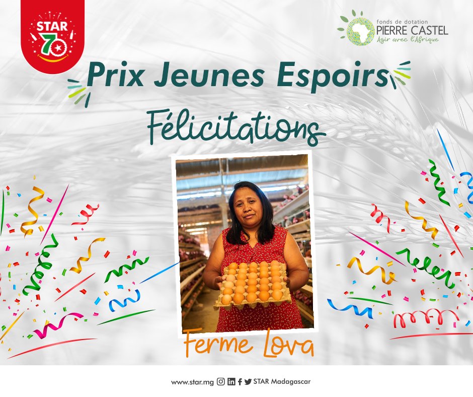 star_mdg's tweet photo. Prix Jeunes Espoirs - Prix Pierre Castel 2023 ✨
A la suite de l’audition d’hier, « Ferme LOVA » de Lova Eddy RAKOTOMALALA a remporté le « Prix Jeunes Espoirs 2023».
Notre gagnante bénéficiera d’une formation et un apport financier de 1 650 € .
#STAR #star70ans #PPC2023 https://t.co/2LChKUbFN5