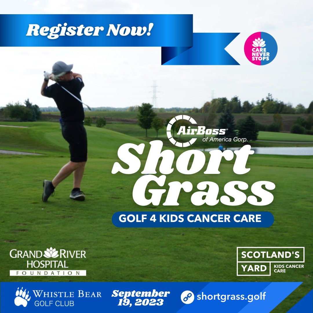 Grand River Hospital Foundation (@careneverstops) on Twitter photo There's still seven foursomes available for Short Grass! Join us Tuesday, September 19, 2023 for an amazing day of golf with a shotgun start at noon at Whistle Bear Golf Club in support of Scotland's Yard and kids' cancer care. Register here: grhf.ca/pages/shortgra… There's still seven foursomes available for Short Grass! Join us Tuesday, September 19, 2023 for an amazing day of golf with a shotgun start at noon at Whistle Bear Golf Club in support of Scotland's Yard and kids' cancer care. Register here: grhf.ca/pages/shortgra…