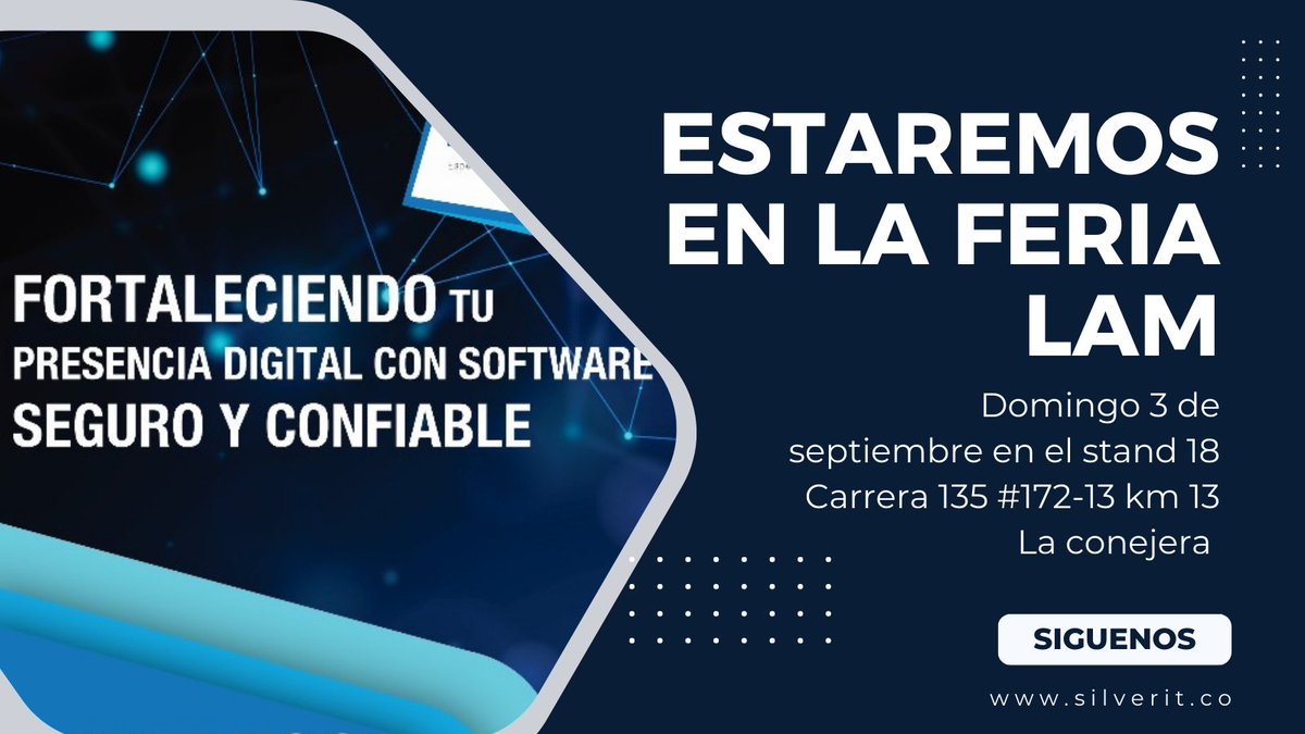 SilverIT_'s tweet photo. ¡Amigos y amigas! ¡No se pueden perder la Feria LAM! 🎉 Estaremos en el stand 18, listos para recibirlos con los brazos abiertos. ¡Los esperamos con muchas sorpresas y diversión asegurada! ¡No falten! #FeriaLAM #Stand18 #Silverit #Desarrollodesoftware #ciberseguridad #Colombia https://t.co/B2OO52UUDq