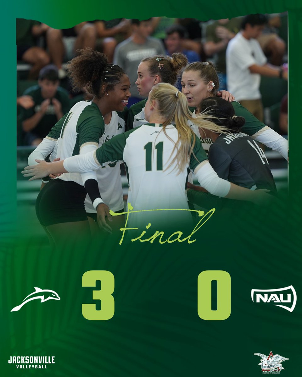 JAX_Volleyball's tweet photo. 🧹🧹🧹 Dolphins sweep NAU for the first match of the weekend!

Pres. by @NorthFLSales 

#JUPhinsUP https://t.co/m99gSdkXUm